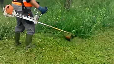 Radnik kosi travu na vikednici | Preduzimač Video prikaz košenja trave motornim trimerom | Preduzimač